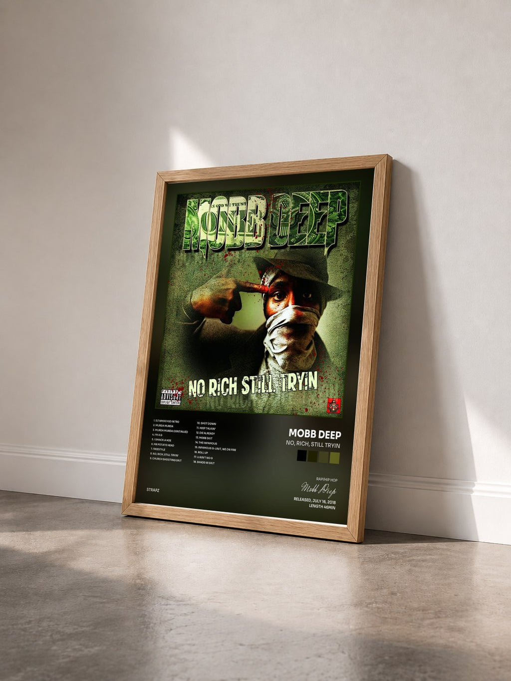#bois Tableau de l'album No, Rich, Still Tryin de Mobb Deep vu de trois quarts, cadre en bois brut