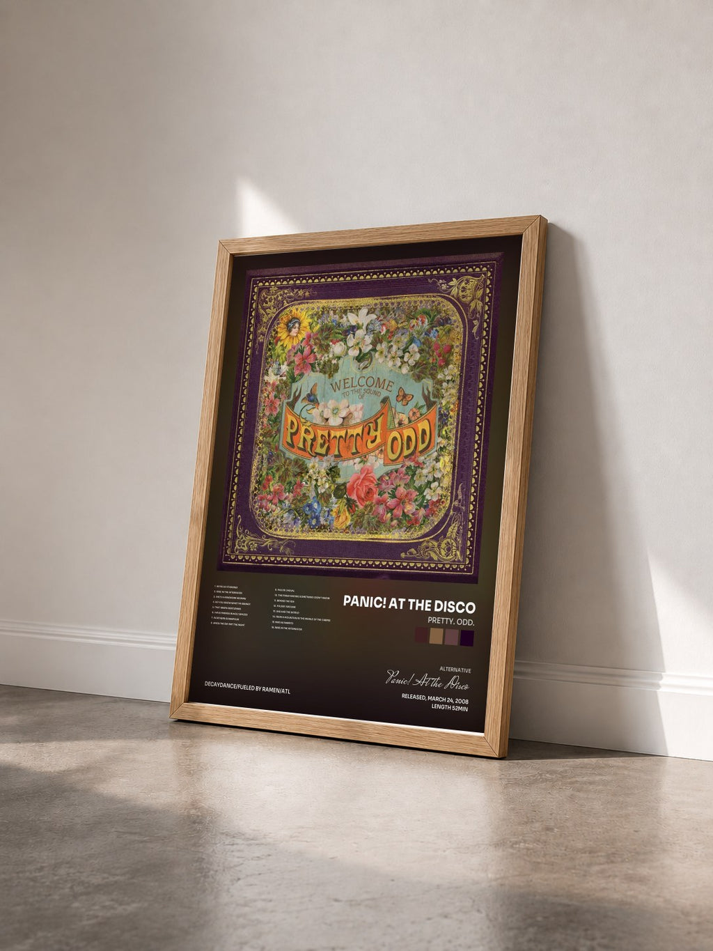 #bois Tableau de l'album Pretty. Odd. de Panic! At the Disco vu de trois quarts, cadre en bois brut