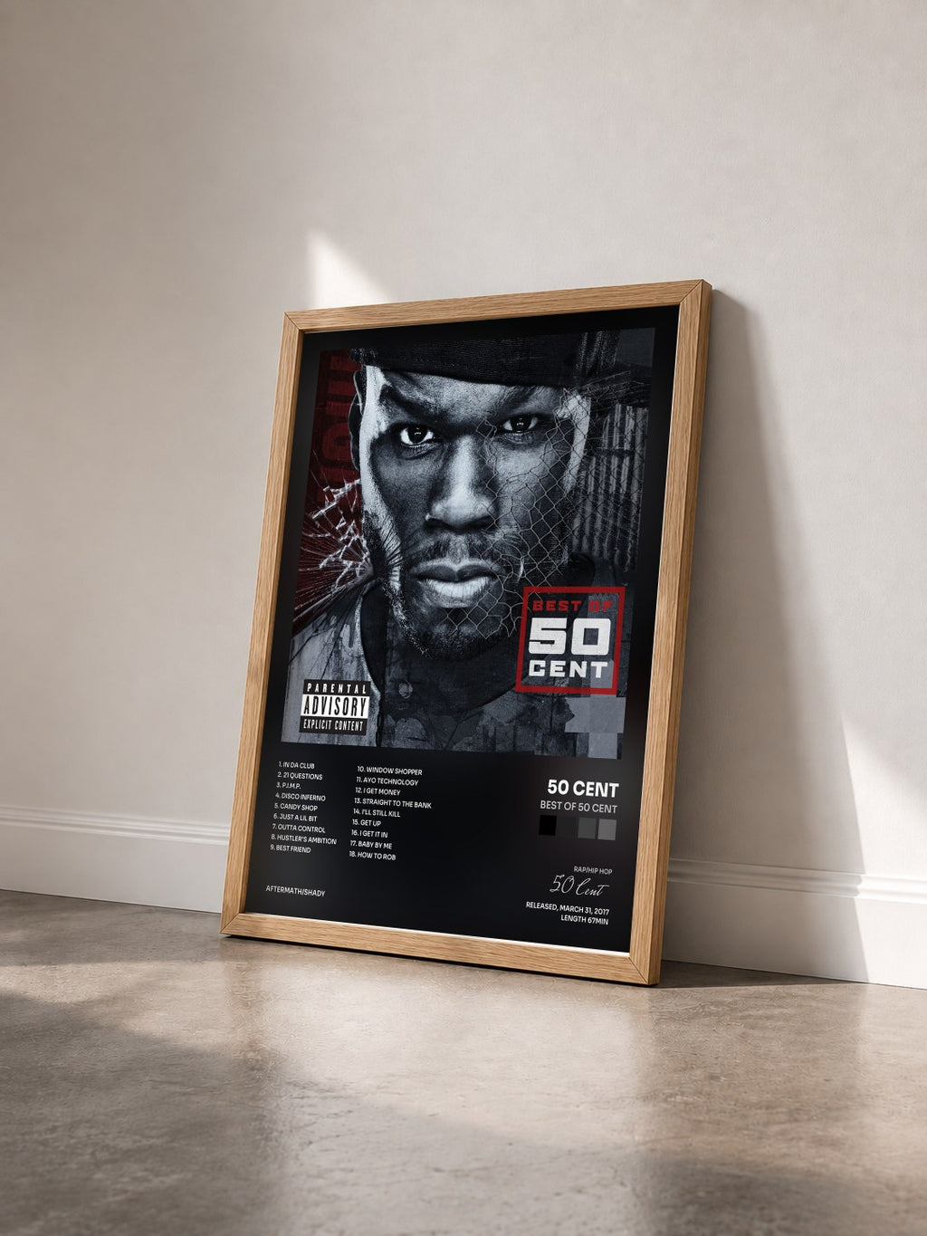 #bois Tableau de l'album Best Of 50 Cent de 50 Cent vu de trois quarts, cadre en bois brut