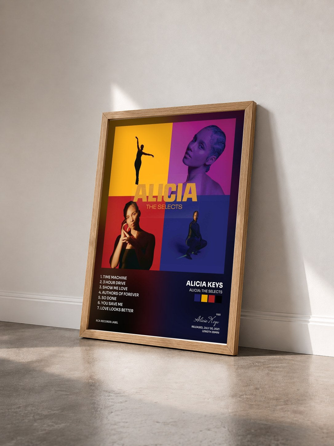#bois Tableau de l'album ALICIA: The Selects de Alicia Keys vu de trois quarts, cadre en bois brut