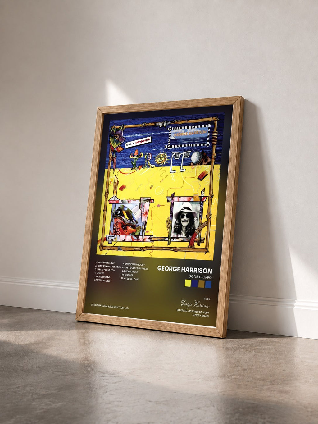 #bois Tableau de l'album Gone Troppo de George Harrison vu de trois quarts, cadre en bois brut