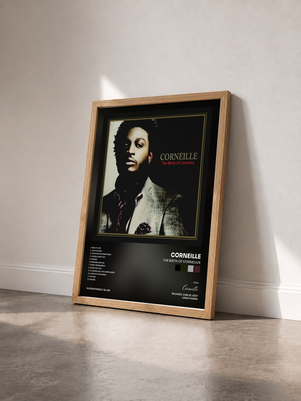 #bois Tableau de l'album The Birth of Cornelius de Corneille vu de trois quarts, cadre en bois brut