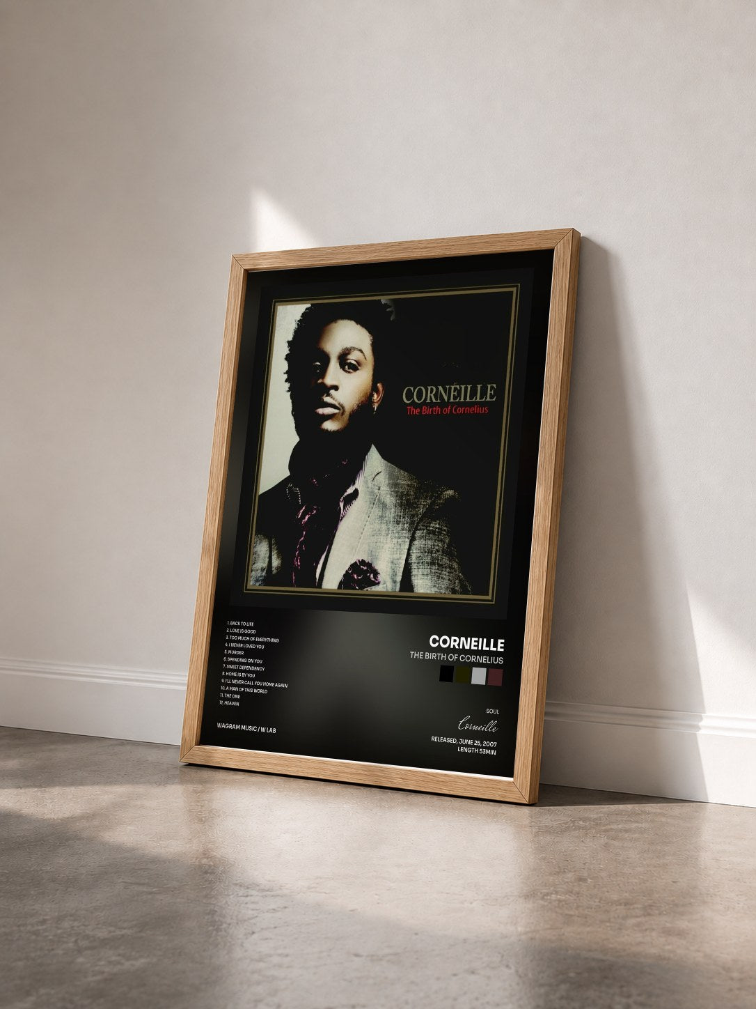 #bois Tableau de l'album The Birth of Cornelius de Corneille vu de trois quarts, cadre en bois brut