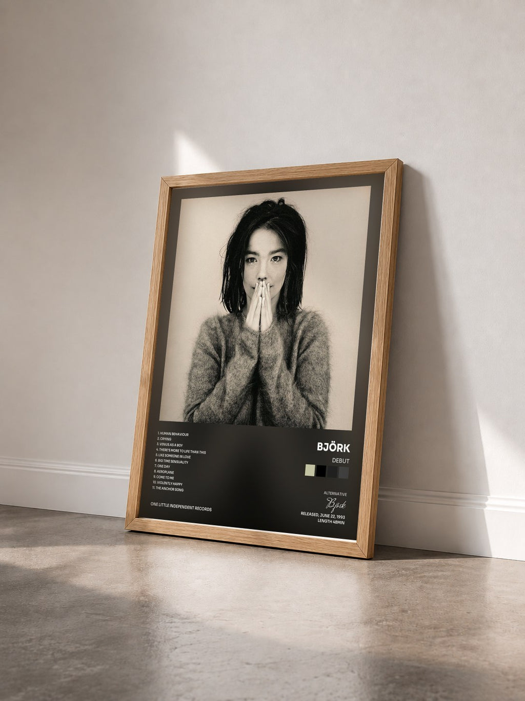 #bois Tableau de l'album Debut de Björk vu de trois quarts, cadre en bois brut
