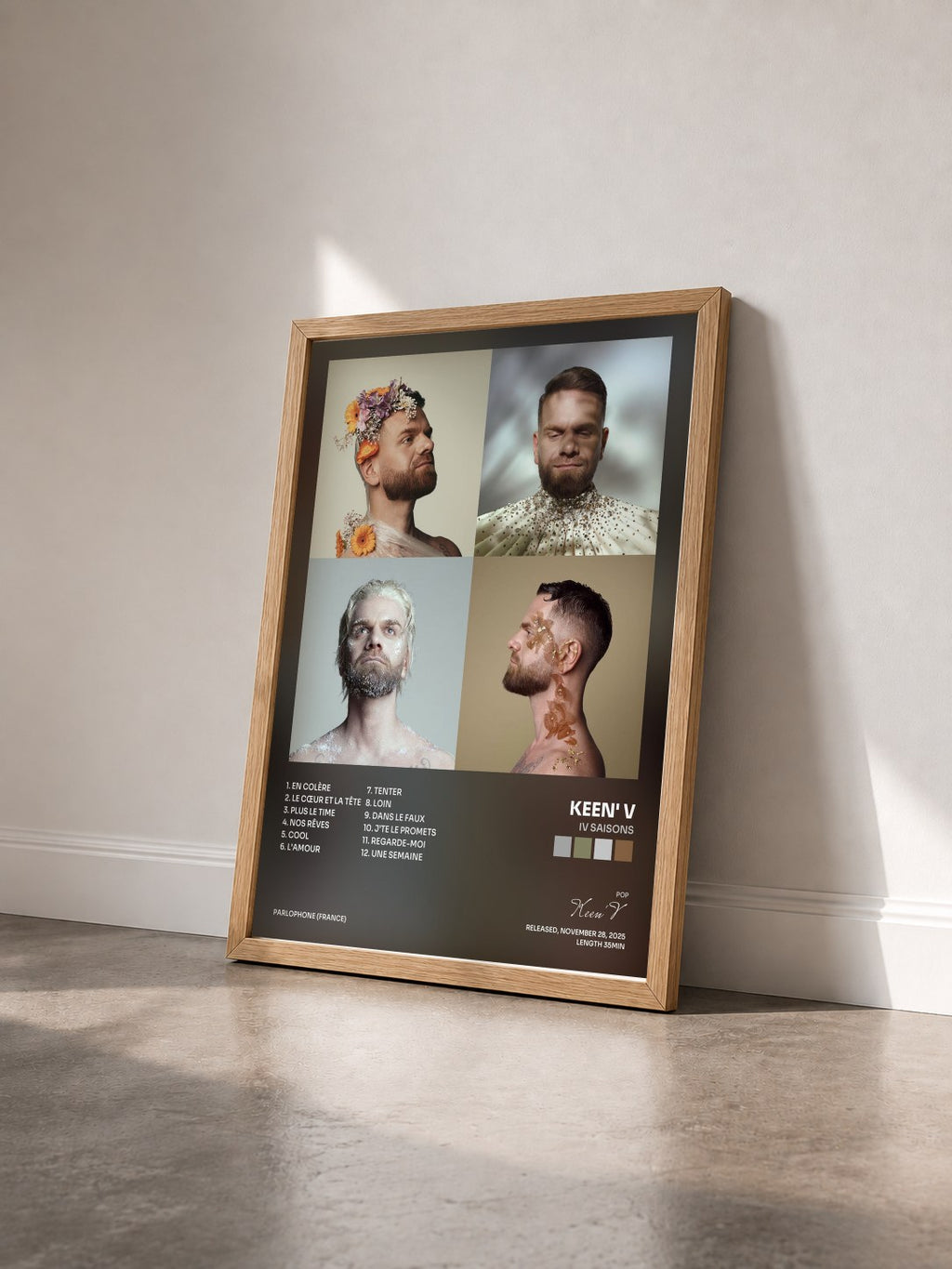 #bois Tableau de l'album IV saisons de Keen' V vu de trois quarts, cadre en bois brut