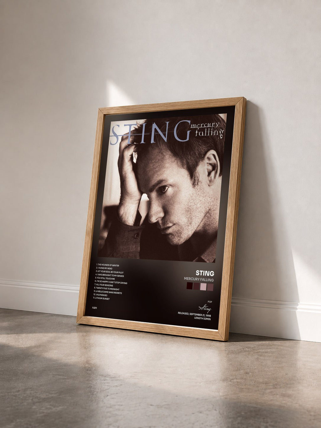 #bois Tableau de l'album Mercury Falling de Sting vu de trois quarts, cadre en bois brut