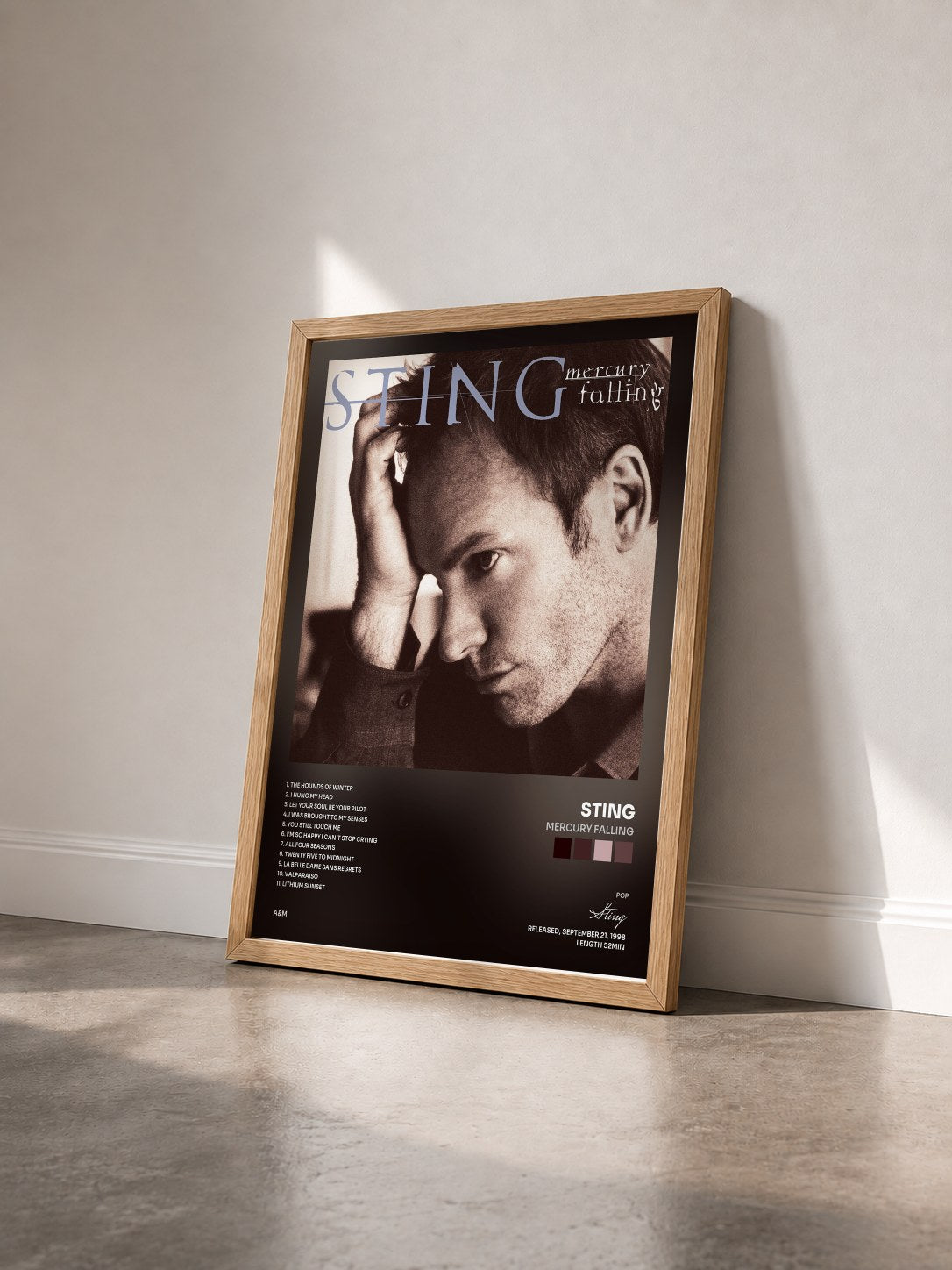 #bois Tableau de l'album Mercury Falling de Sting vu de trois quarts, cadre en bois brut
