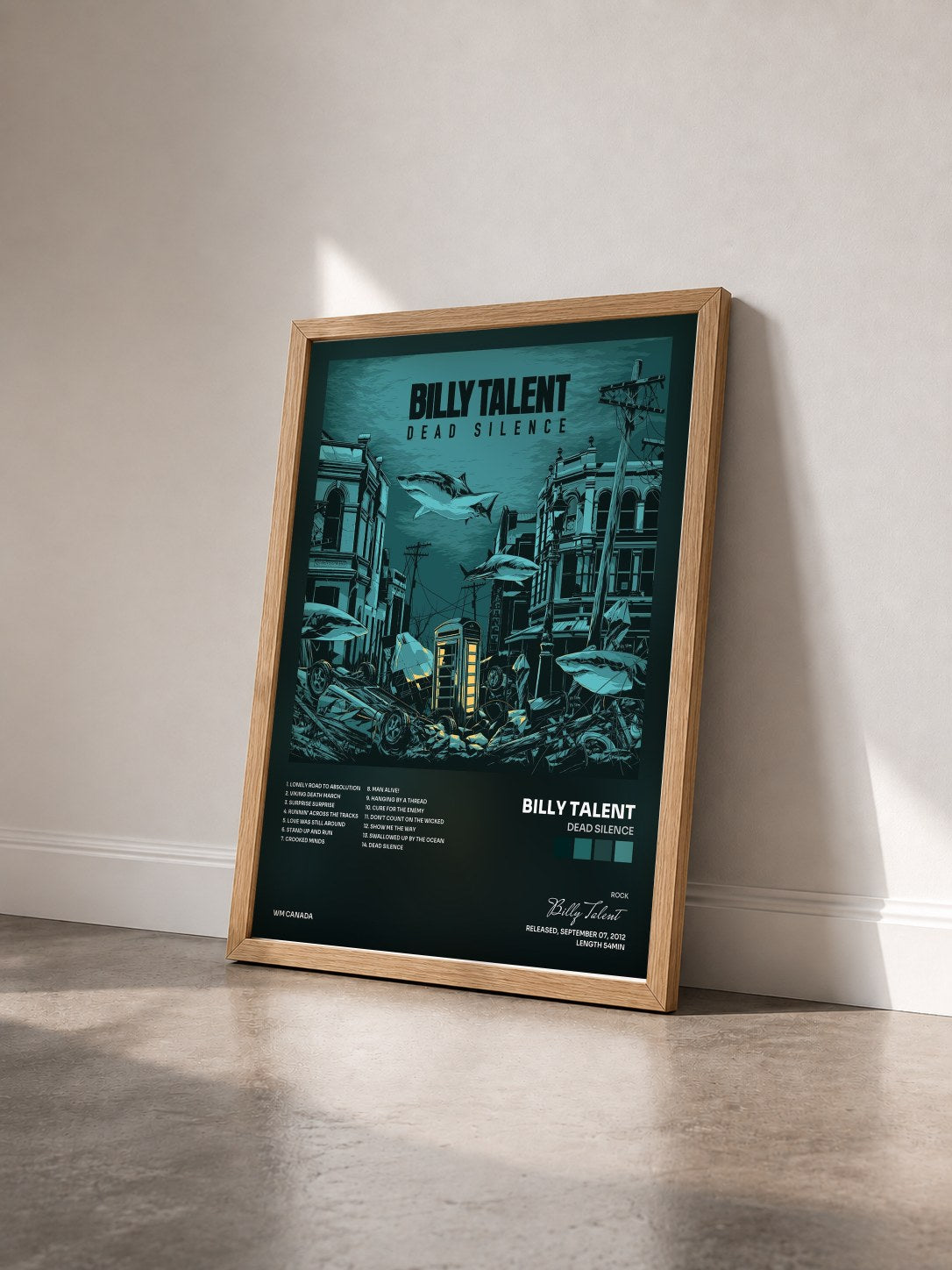 #bois Tableau de l'album Dead Silence de Billy Talent vu de trois quarts, cadre en bois brut