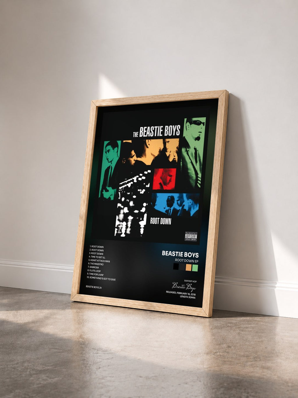 #bois Tableau de l'album Root Down EP de Beastie Boys vu de trois quarts, cadre en bois brut