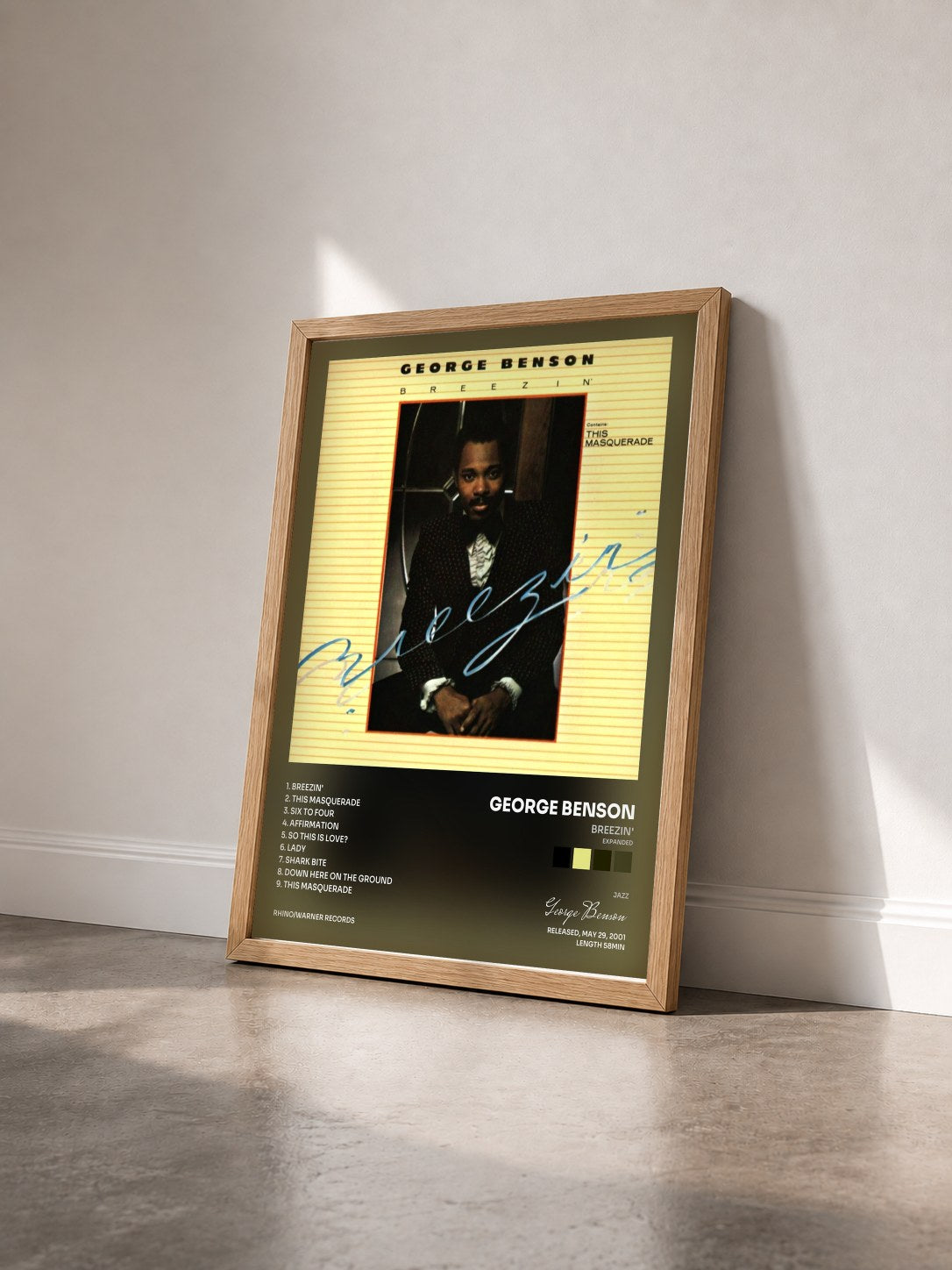 #bois Tableau de l'album Breezin' (Expanded) de George Benson vu de trois quarts, cadre en bois brut