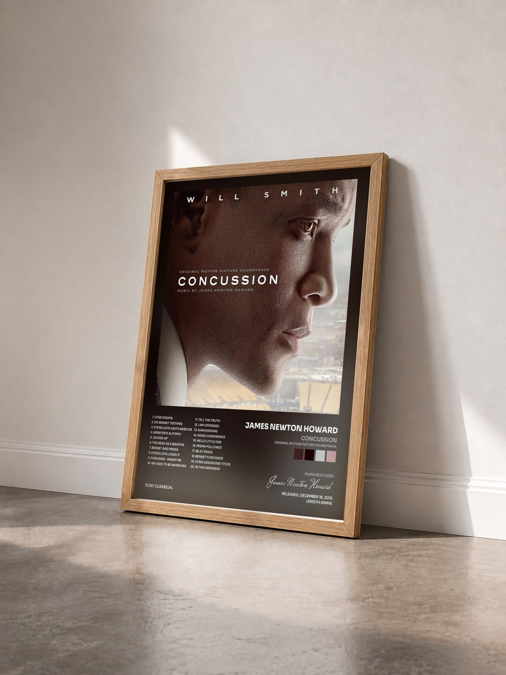 #bois Tableau de l'album Concussion (Original Motion Picture Soundtrack) de James Newton Howard vu de trois quarts, cadre en bois brut