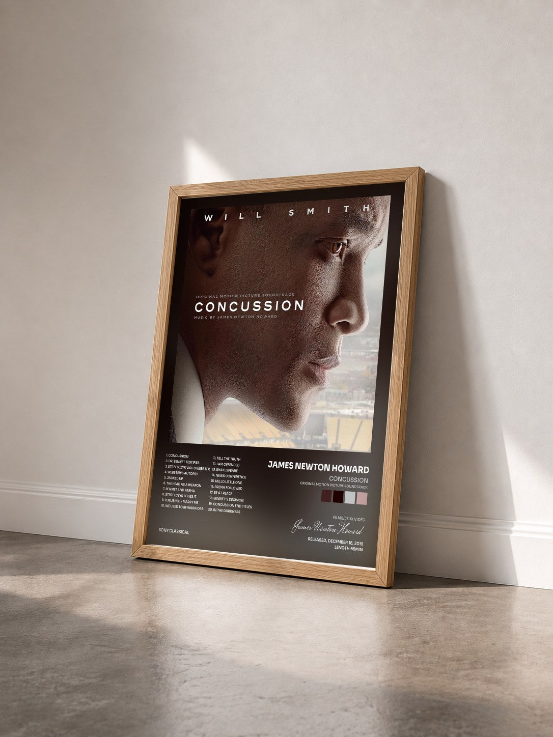 #bois Tableau de l'album Concussion (Original Motion Picture Soundtrack) de James Newton Howard vu de trois quarts, cadre en bois brut