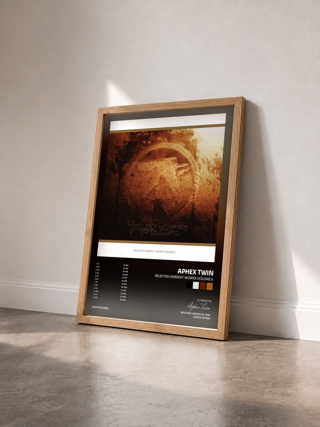 #bois Tableau de l'album Selected Ambient Works Volume II de Aphex Twin vu de trois quarts, cadre en bois brut