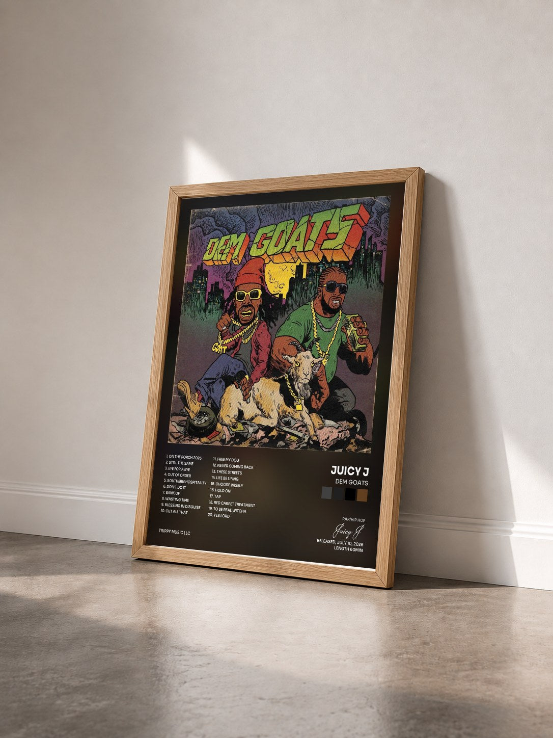 #bois Tableau de l'album Dem Goats de Juicy J vu de trois quarts, cadre en bois brut