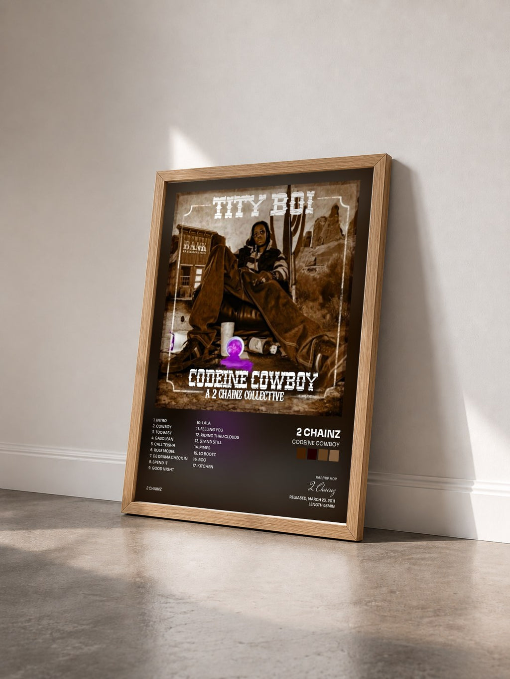 #bois Tableau de l'album Codeine Cowboy de 2 Chainz vu de trois quarts, cadre en bois brut
