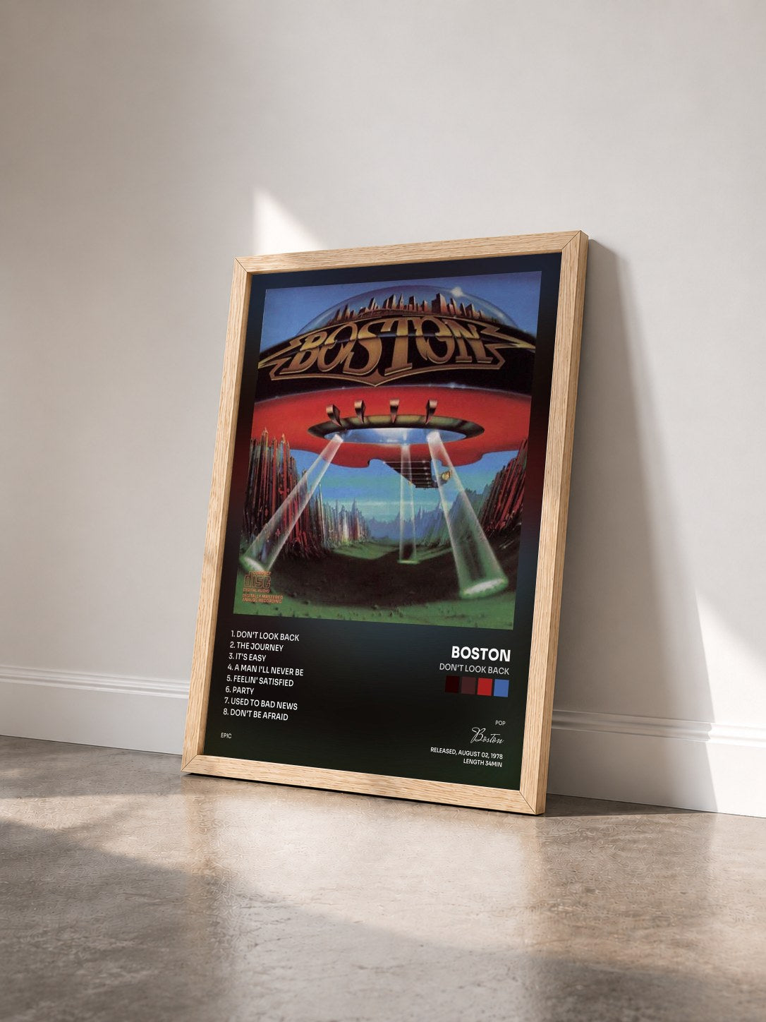 #bois Tableau de l'album Don't Look Back de Boston vu de trois quarts, cadre en bois brut