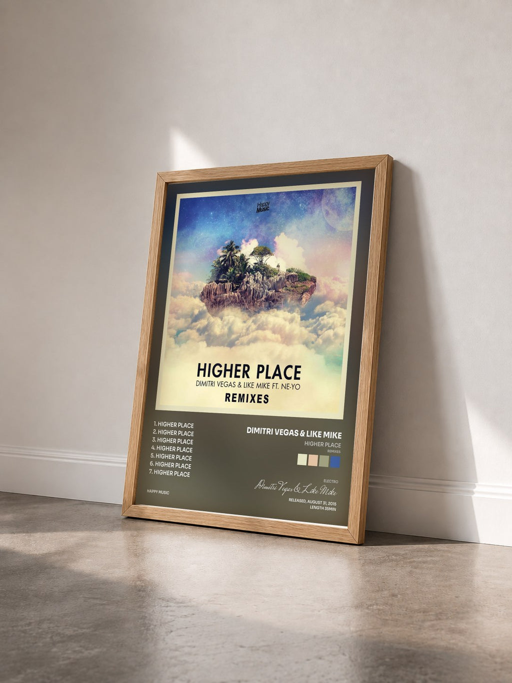 #bois Tableau de l'album Higher Place (Remixes) - EP de Dimitri Vegas & Like Mike vu de trois quarts, cadre en bois brut