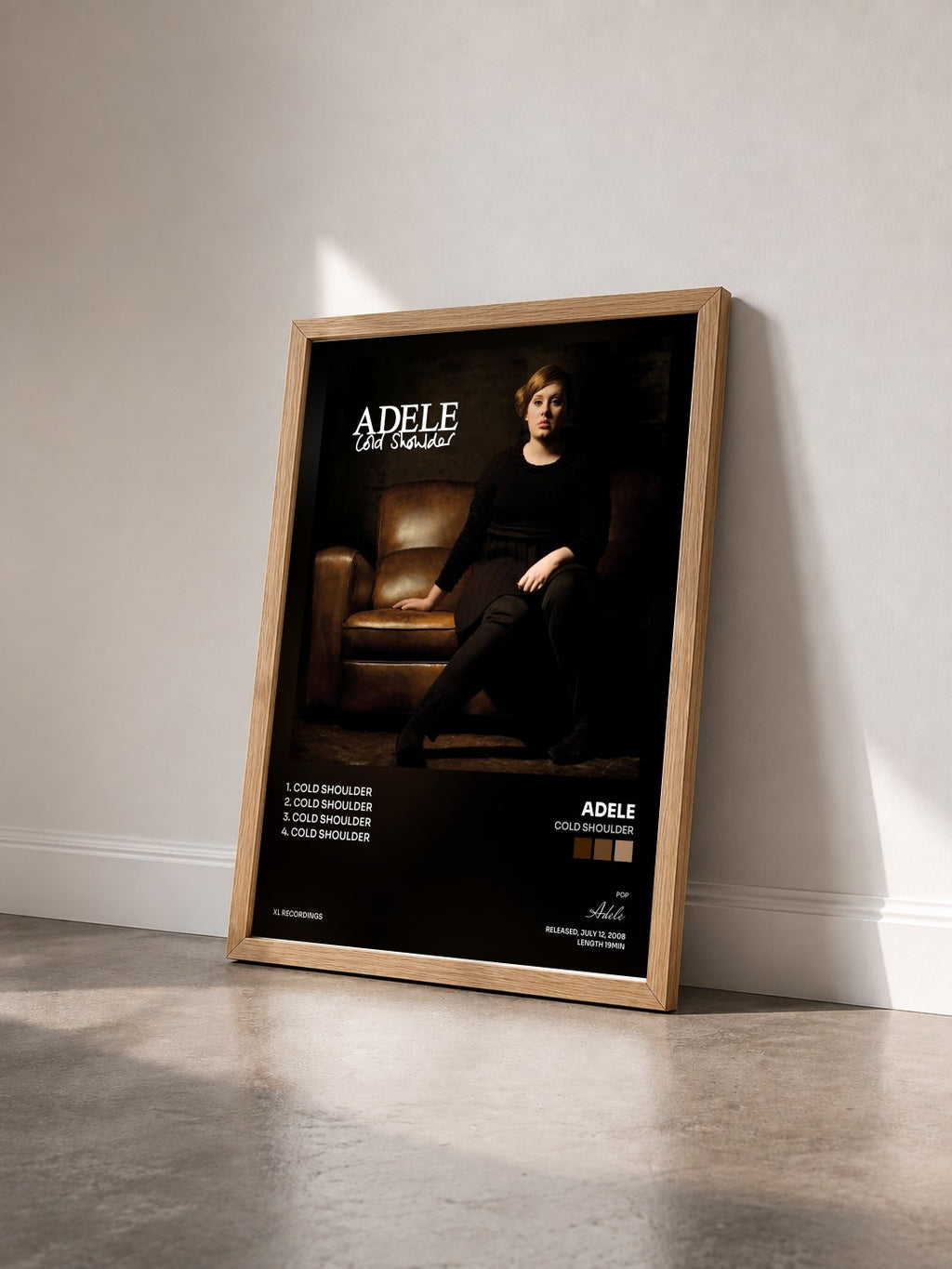 #bois Tableau de l'album Cold Shoulder de Adele vu de trois quarts, cadre en bois brut