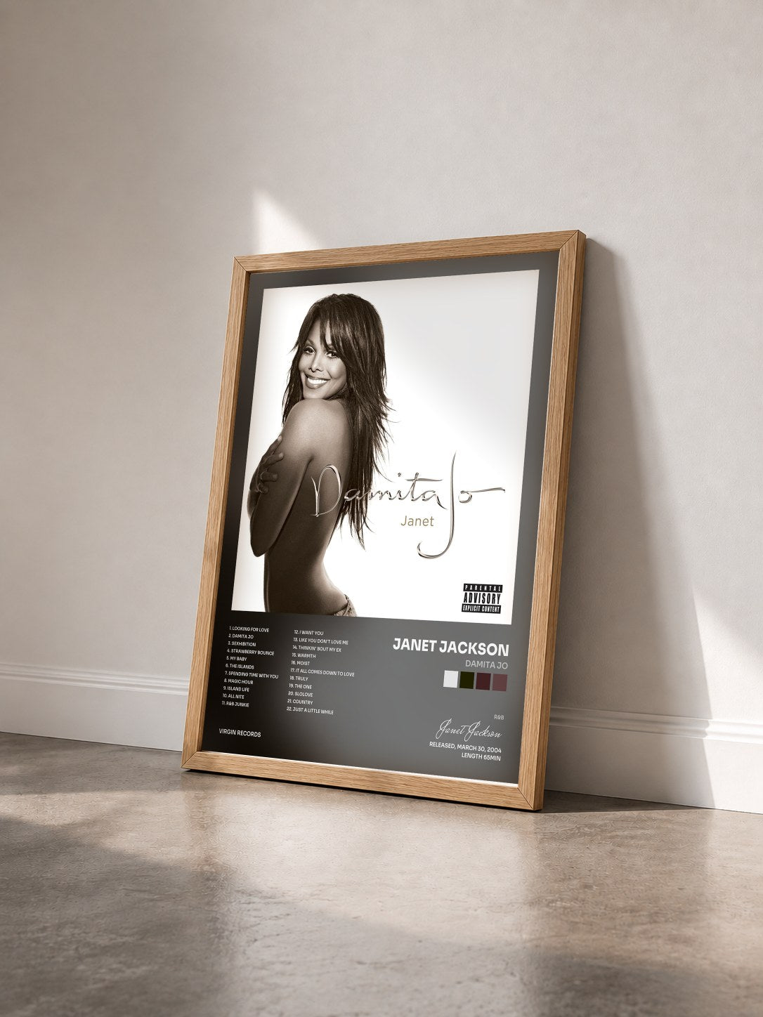 #bois Tableau de l'album Damita Jo de Janet Jackson vu de trois quarts, cadre en bois brut