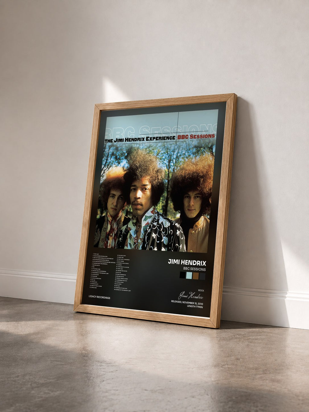 #bois Tableau de l'album BBC Sessions de Jimi Hendrix vu de trois quarts, cadre en bois brut