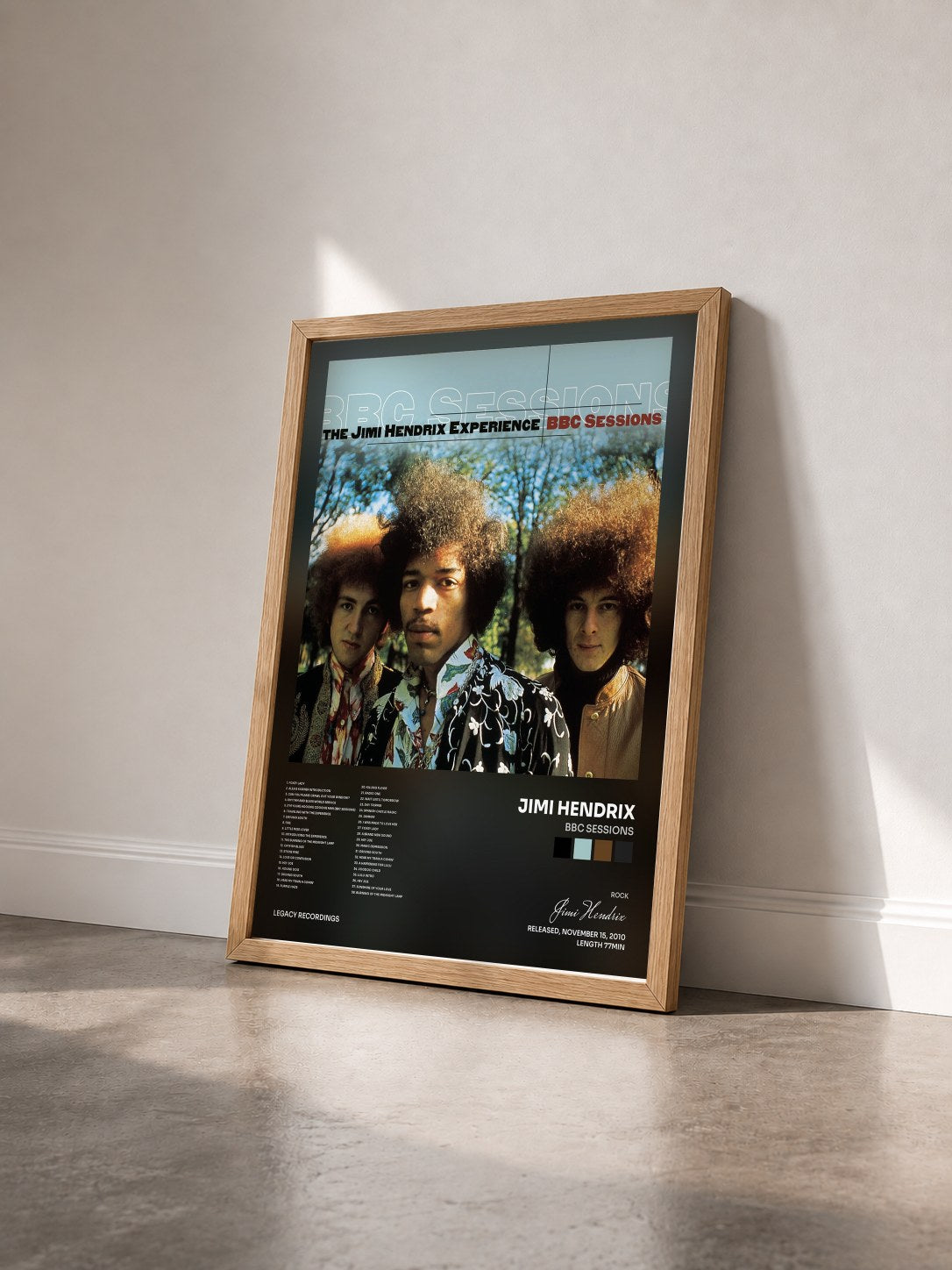 #bois Tableau de l'album BBC Sessions de Jimi Hendrix vu de trois quarts, cadre en bois brut