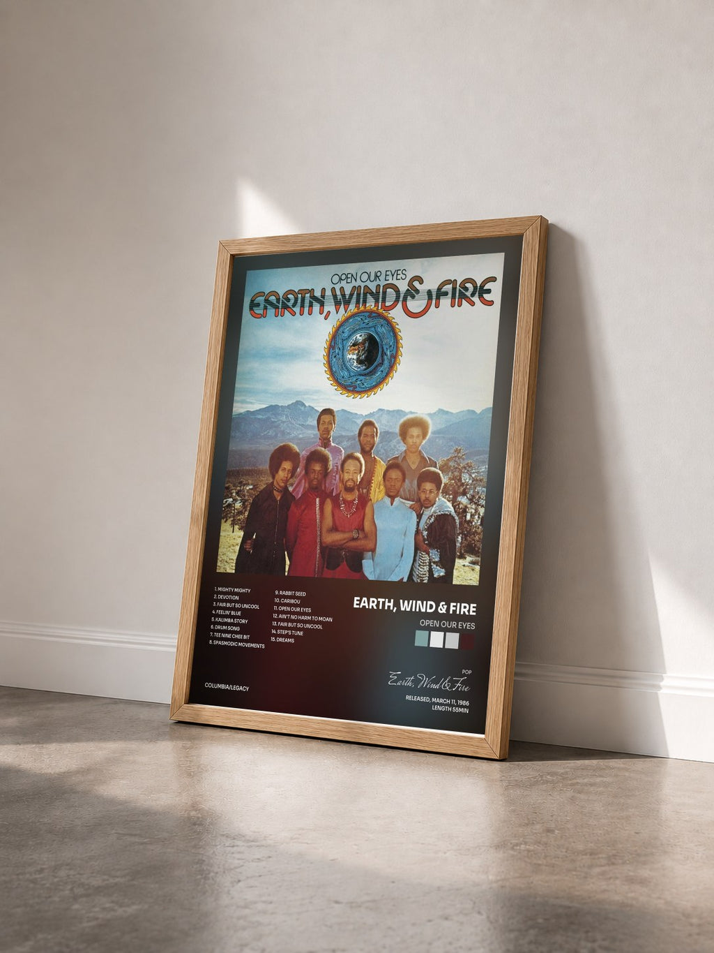 #bois Tableau de l'album Open Our Eyes de Earth, Wind & Fire vu de trois quarts, cadre en bois brut