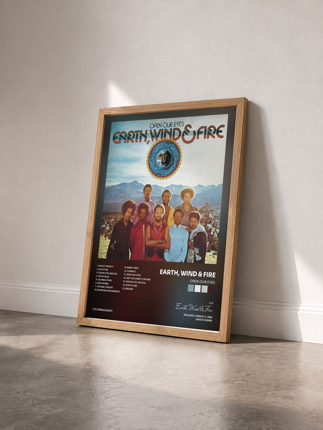 #bois Tableau de l'album Open Our Eyes de Earth, Wind & Fire vu de trois quarts, cadre en bois brut