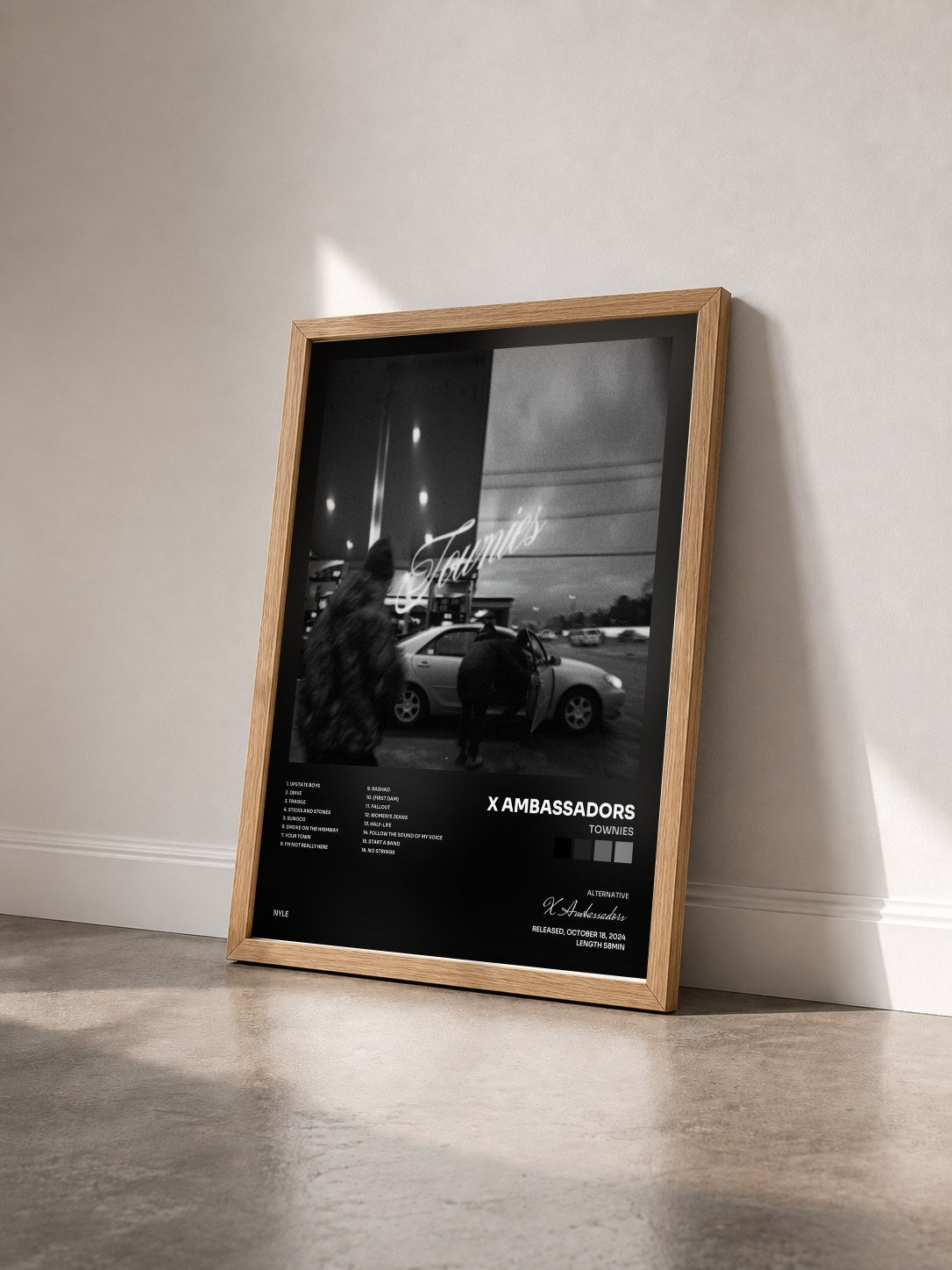 #bois Tableau de l'album Townies de X Ambassadors vu de trois quarts, cadre en bois brut