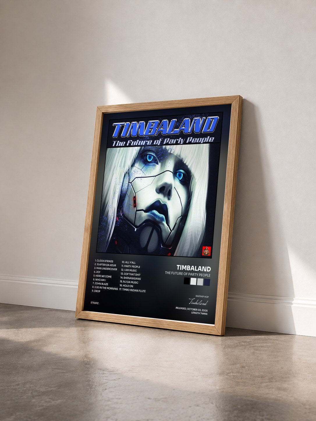 #bois Tableau de l'album The Future Of Party People de Timbaland vu de trois quarts, cadre en bois brut