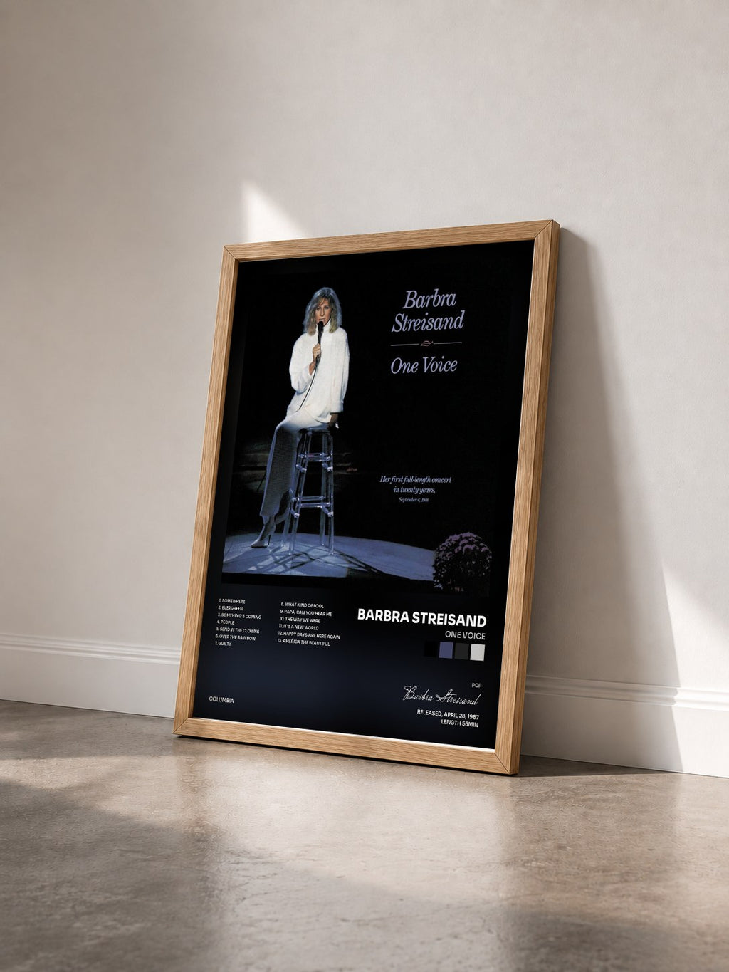 #bois Tableau de l'album One Voice de Barbra Streisand vu de trois quarts, cadre en bois brut