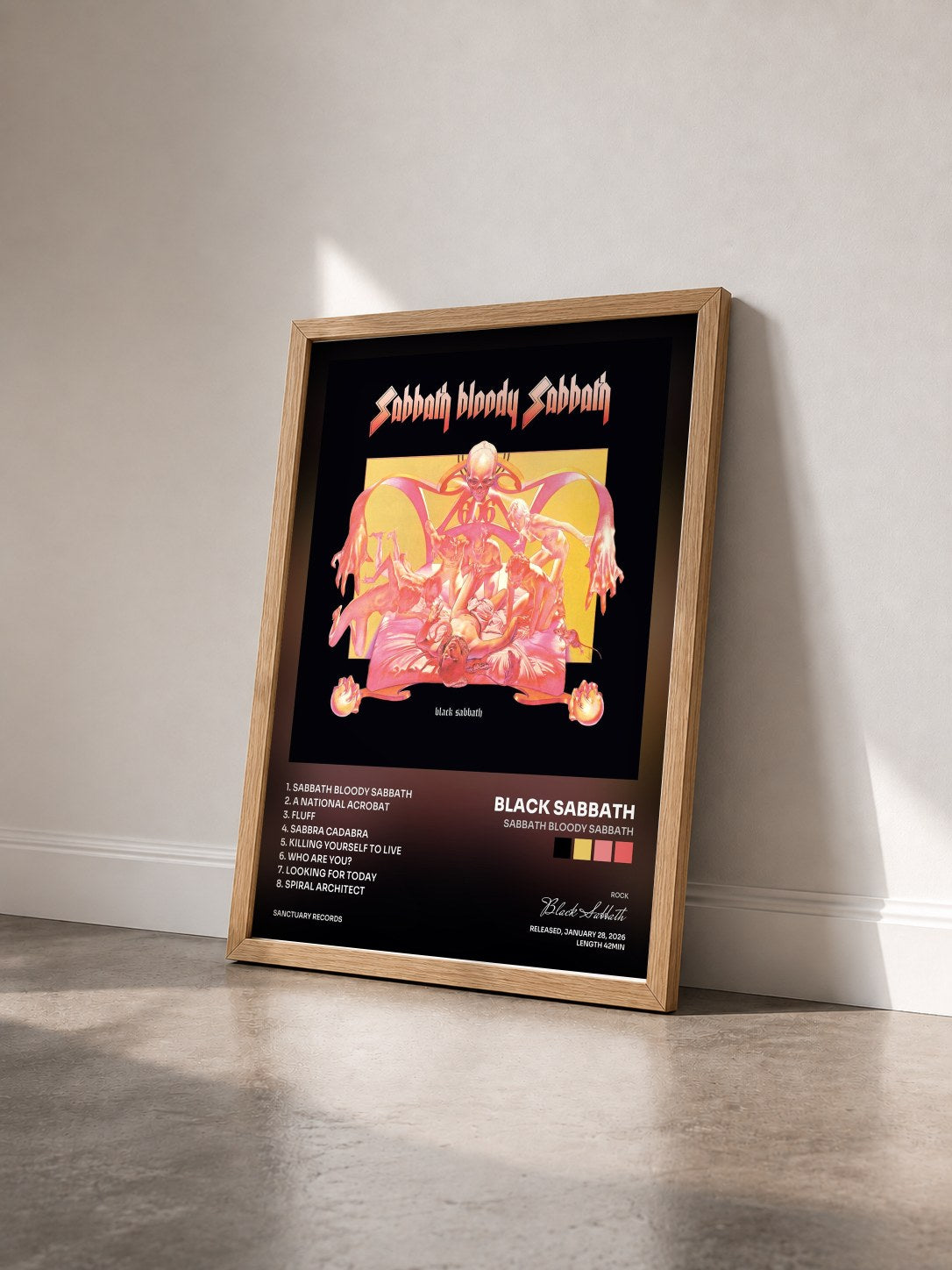 #bois Tableau de l'album Sabbath Bloody Sabbath de Black Sabbath vu de trois quarts, cadre en bois brut