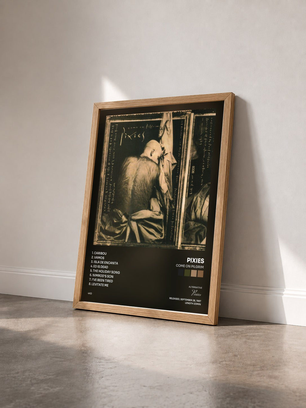 #bois Tableau de l'album Come On Pilgrim de Pixies vu de trois quarts, cadre en bois brut