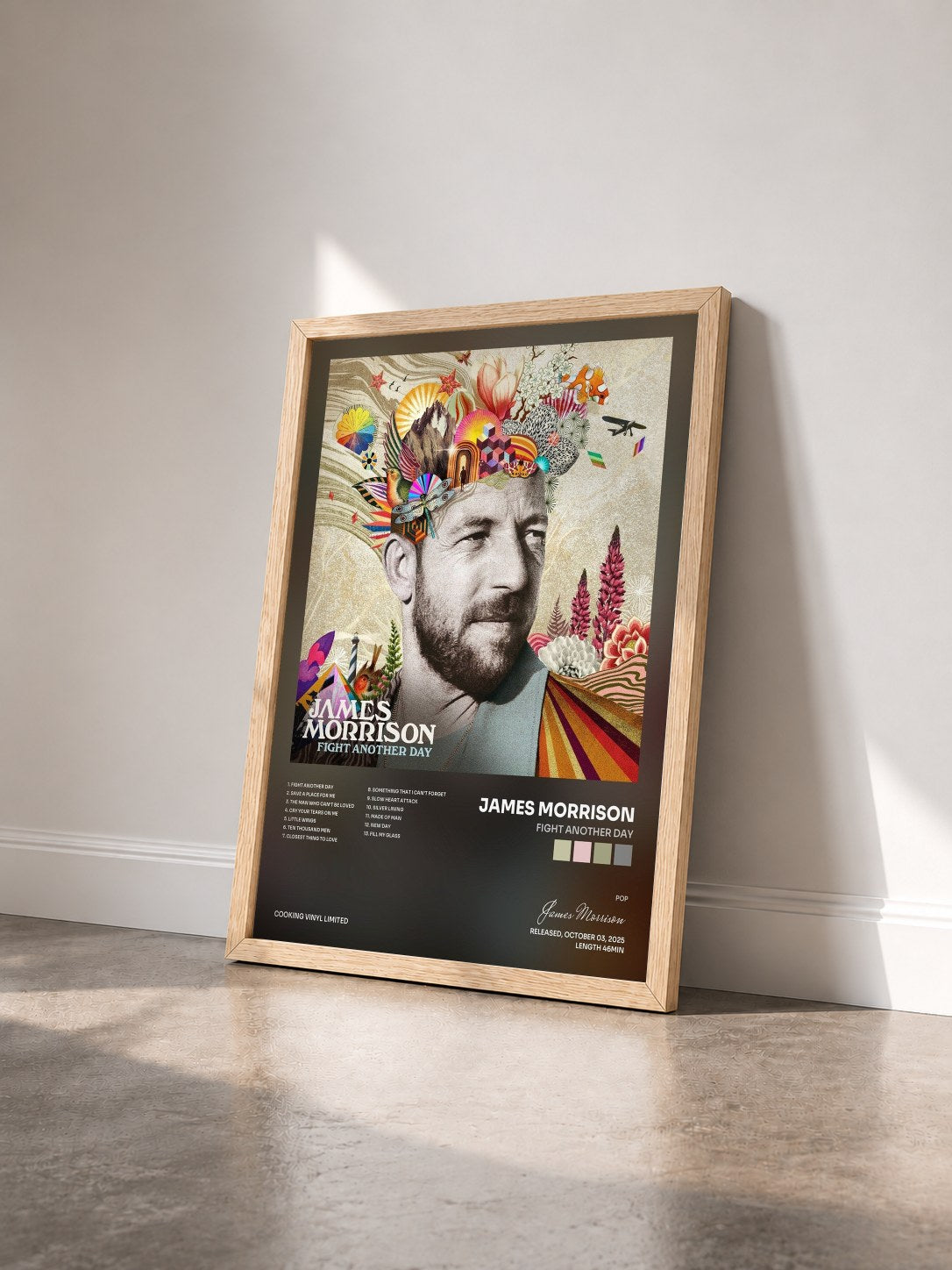 #bois Tableau de l'album Fight Another Day de James Morrison vu de trois quarts, cadre en bois brut