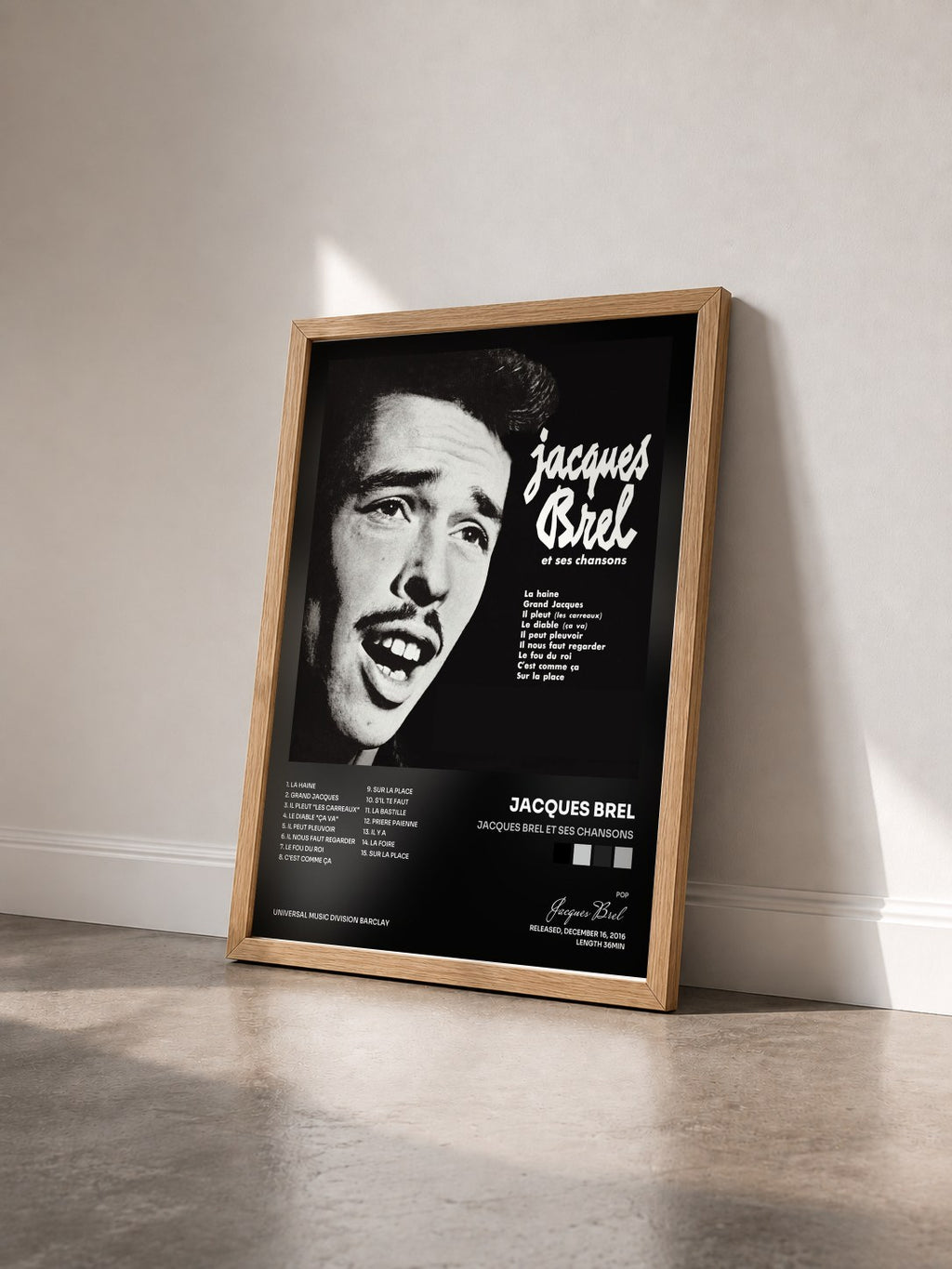 #bois Tableau de l'album Jacques Brel et ses chansons de Jacques Brel vu de trois quarts, cadre en bois brut