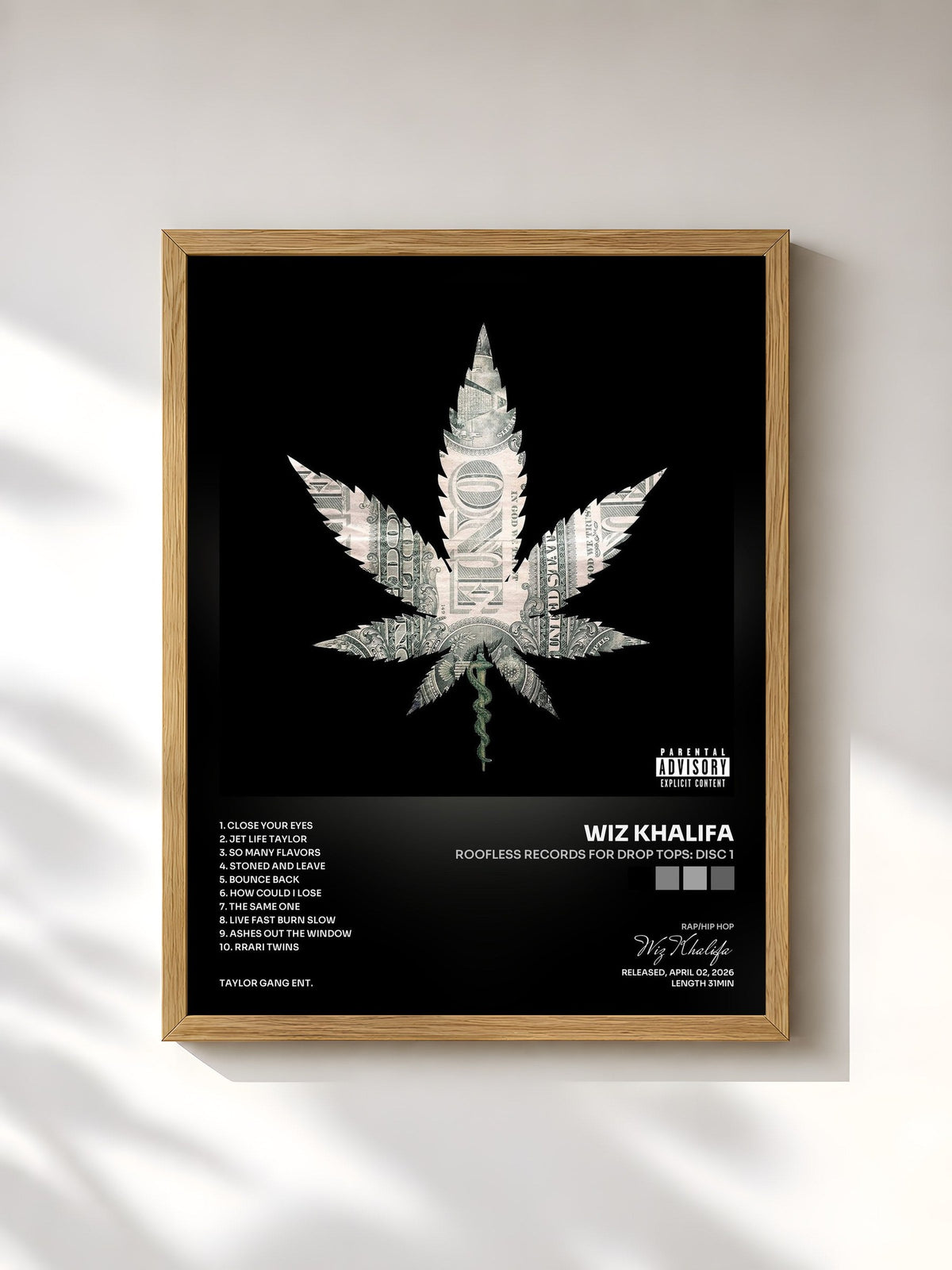 #bois Tableau de l'album Roofless Records For Drop Tops: Disc 1 de Wiz Khalifa, cadre en bois brut, imprimé et encadré en France