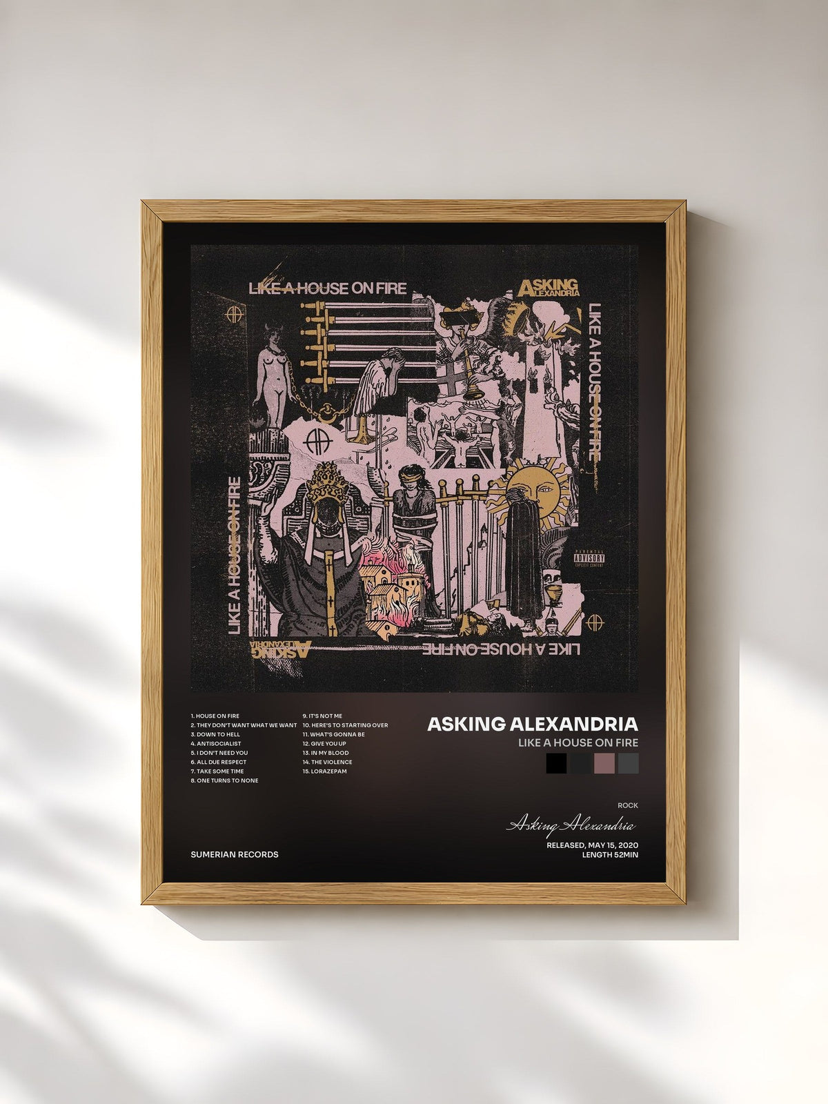 #bois Tableau de l'album Like A House On Fire de Asking Alexandria, cadre en bois brut, imprimé et encadré en France