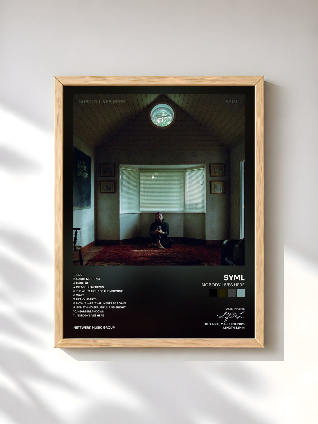 #bois Tableau de l'album Nobody Lives Here de SYML, cadre en bois brut, imprimé et encadré en France