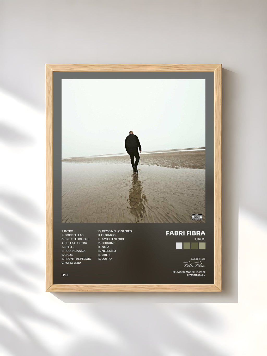 #bois Tableau de l'album Caos de Fabri Fibra, cadre en bois brut, imprimé et encadré en France