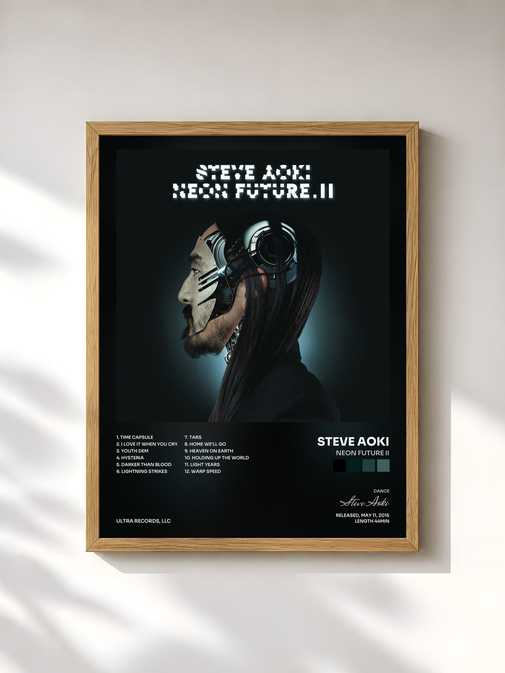 #bois Tableau de l'album Neon Future II de Steve Aoki, cadre en bois brut, imprimé et encadré en France