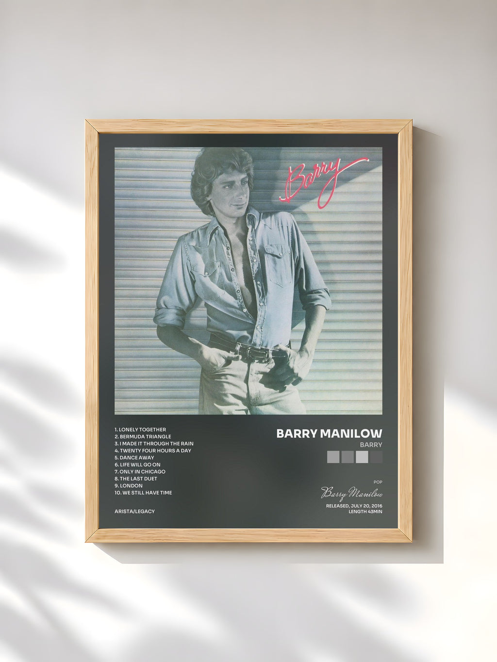 #bois Tableau de l'album Barry de Barry Manilow, cadre en bois brut, imprimé et encadré en France