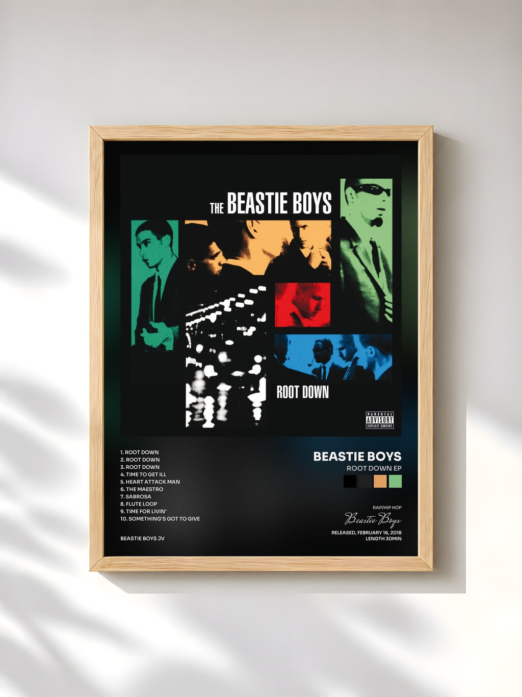 #bois Tableau de l'album Root Down EP de Beastie Boys, cadre en bois brut, imprimé et encadré en France