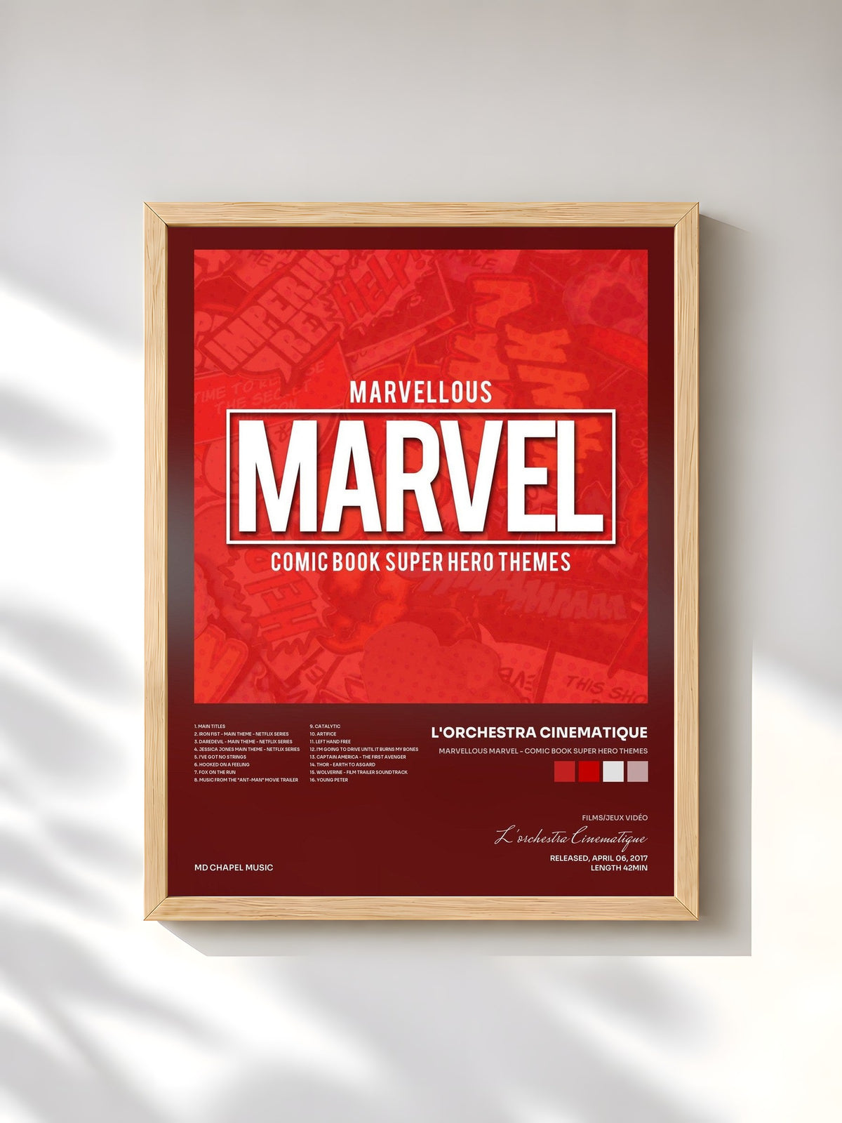 #bois Tableau de l'album Marvellous Marvel - Comic Book Super Hero Themes de L'orchestra Cinematique, cadre en bois brut, imprimé et encadré en France