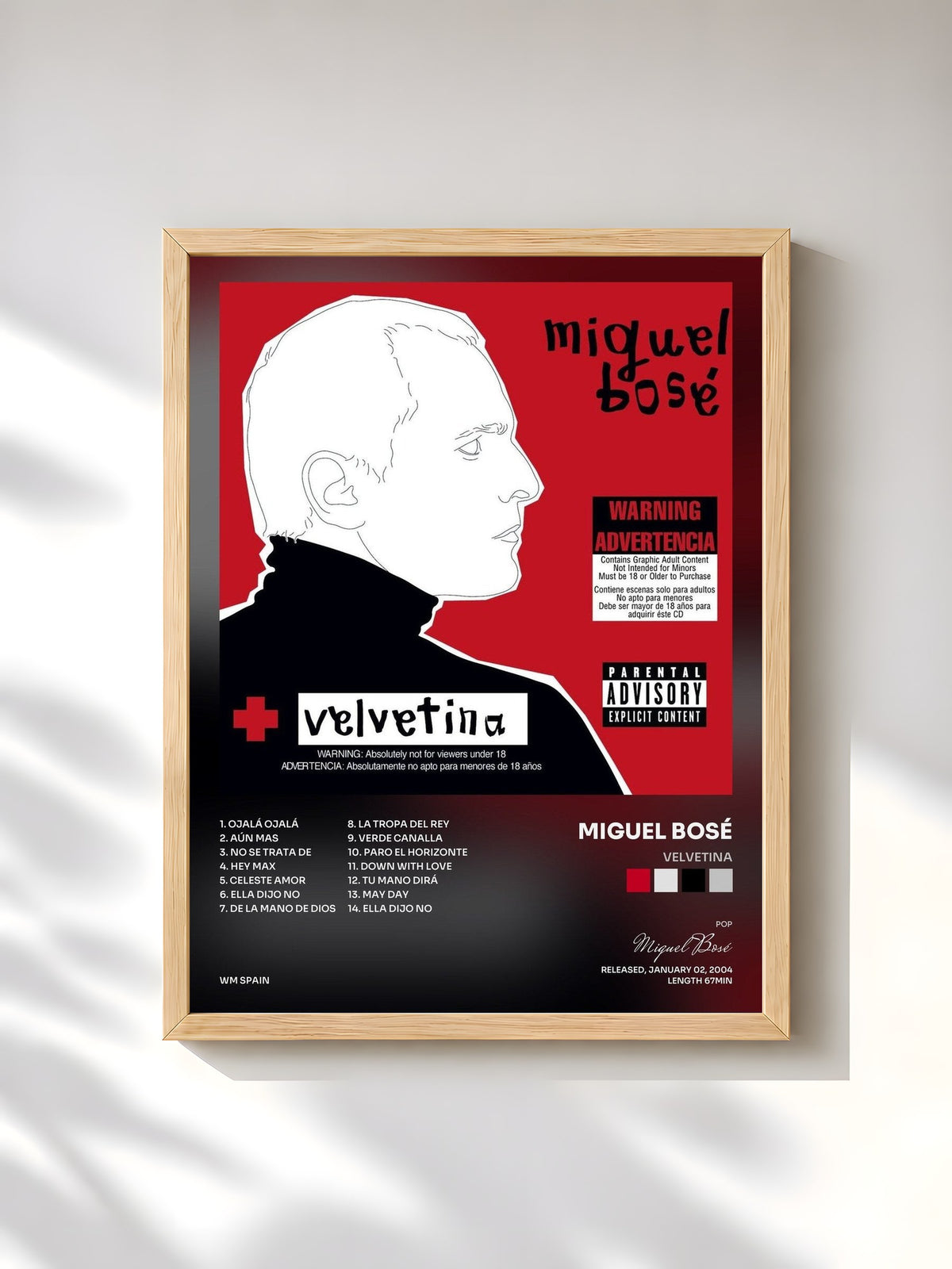 #bois Tableau de l'album Velvetina de Miguel Bosé, cadre en bois brut, imprimé et encadré en France