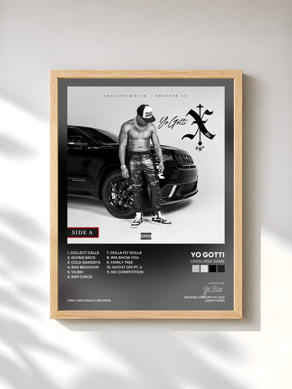 #bois Tableau de l'album CM10: Free Game de Yo Gotti, cadre en bois brut, imprimé et encadré en France