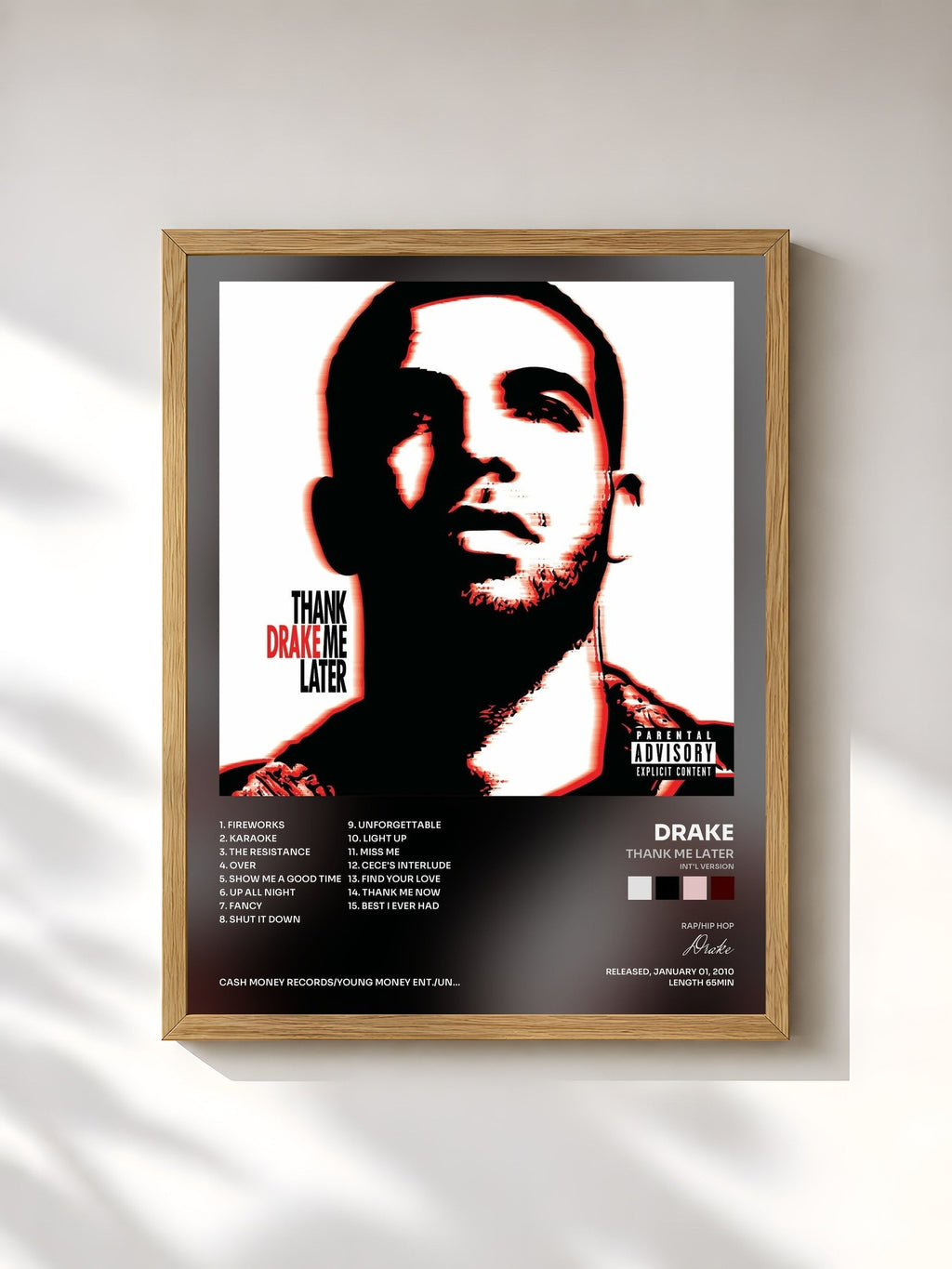 #bois Tableau de l'album Thank Me Later (Int'l Version) de Drake, cadre en bois brut, imprimé et encadré en France