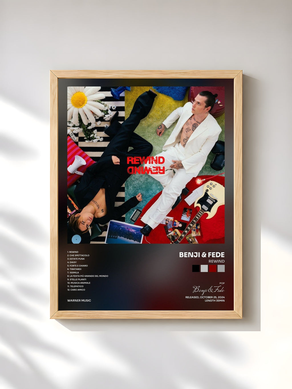 #bois Tableau de l'album REWIND de Benji & Fede, cadre en bois brut, imprimé et encadré en France