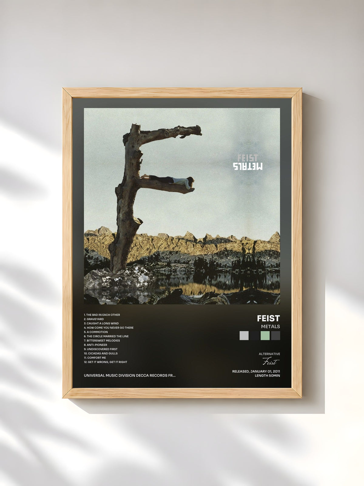 #bois Tableau de l'album Metals de Feist, cadre en bois brut, imprimé et encadré en France