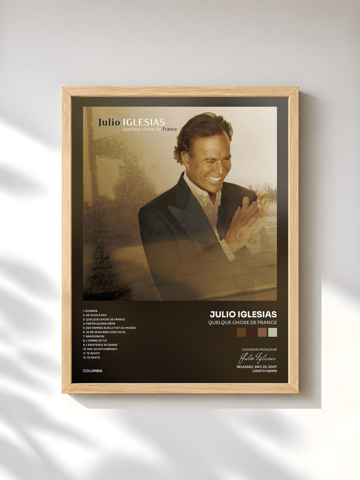 #bois Tableau de l'album Quelque chose de France de Julio Iglesias, cadre en bois brut, imprimé et encadré en France