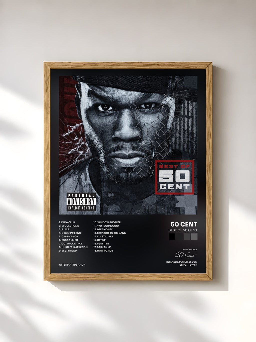 #bois Tableau de l'album Best Of 50 Cent de 50 Cent, cadre en bois brut, imprimé et encadré en France