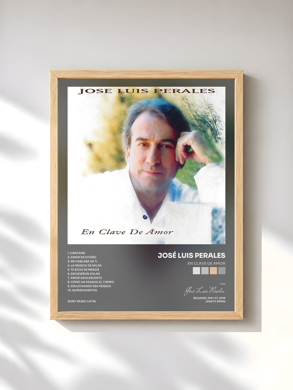 #bois Tableau de l'album En Clave de Amor de José Luis Perales, cadre en bois brut, imprimé et encadré en France